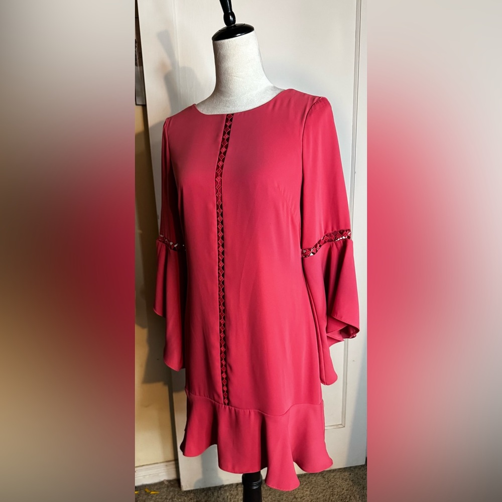 NWT WHBM Bell Sleeve Ruffle Pink Midi Dress laser Cut Feminine Romantic boho